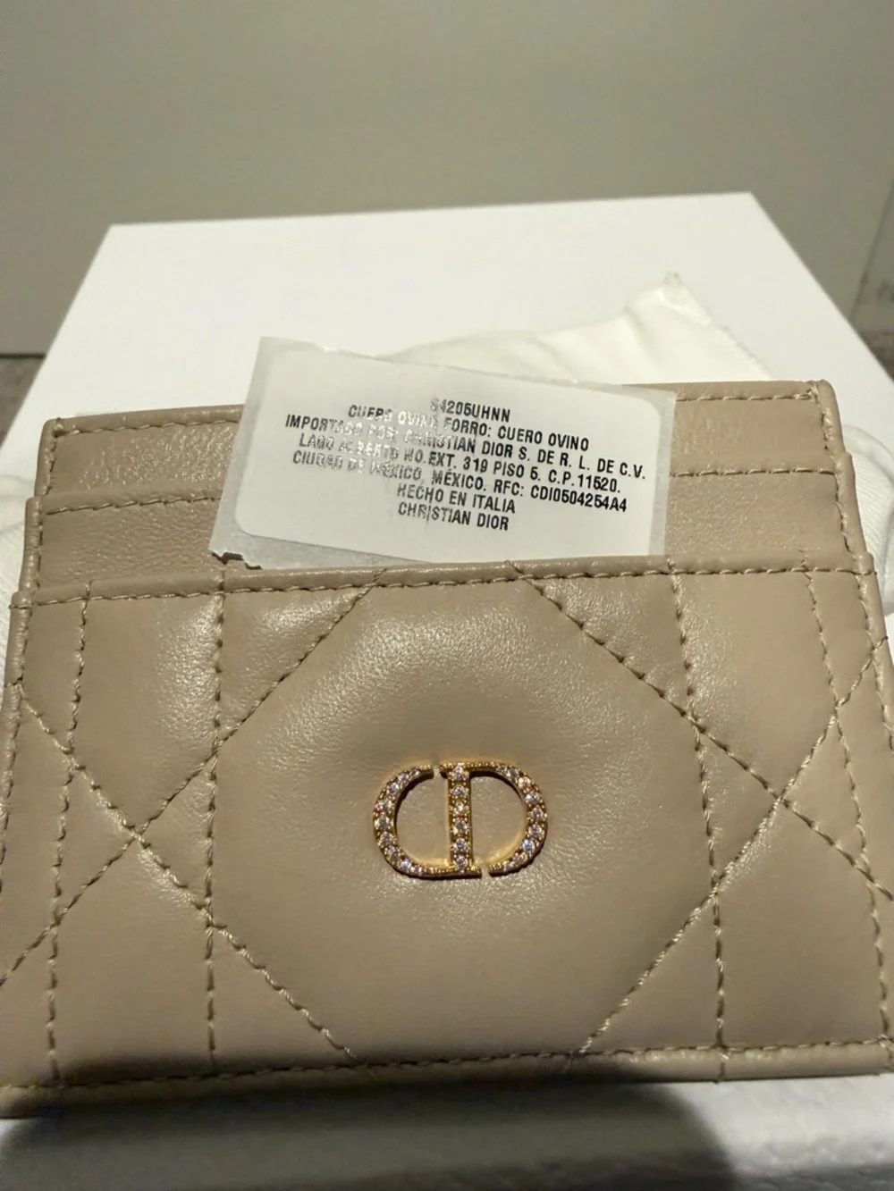 Dior Beige Quilted Leather Card Case with Gold Crystal CD Emblem